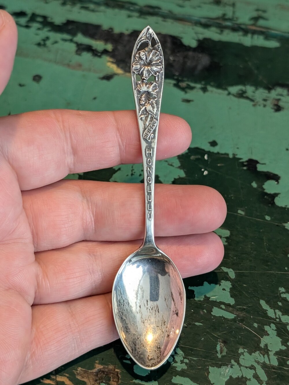 Vintage Sterling Silver State Souvenir Spoon: Hibiscus Flower, Honolulu, Hawaii